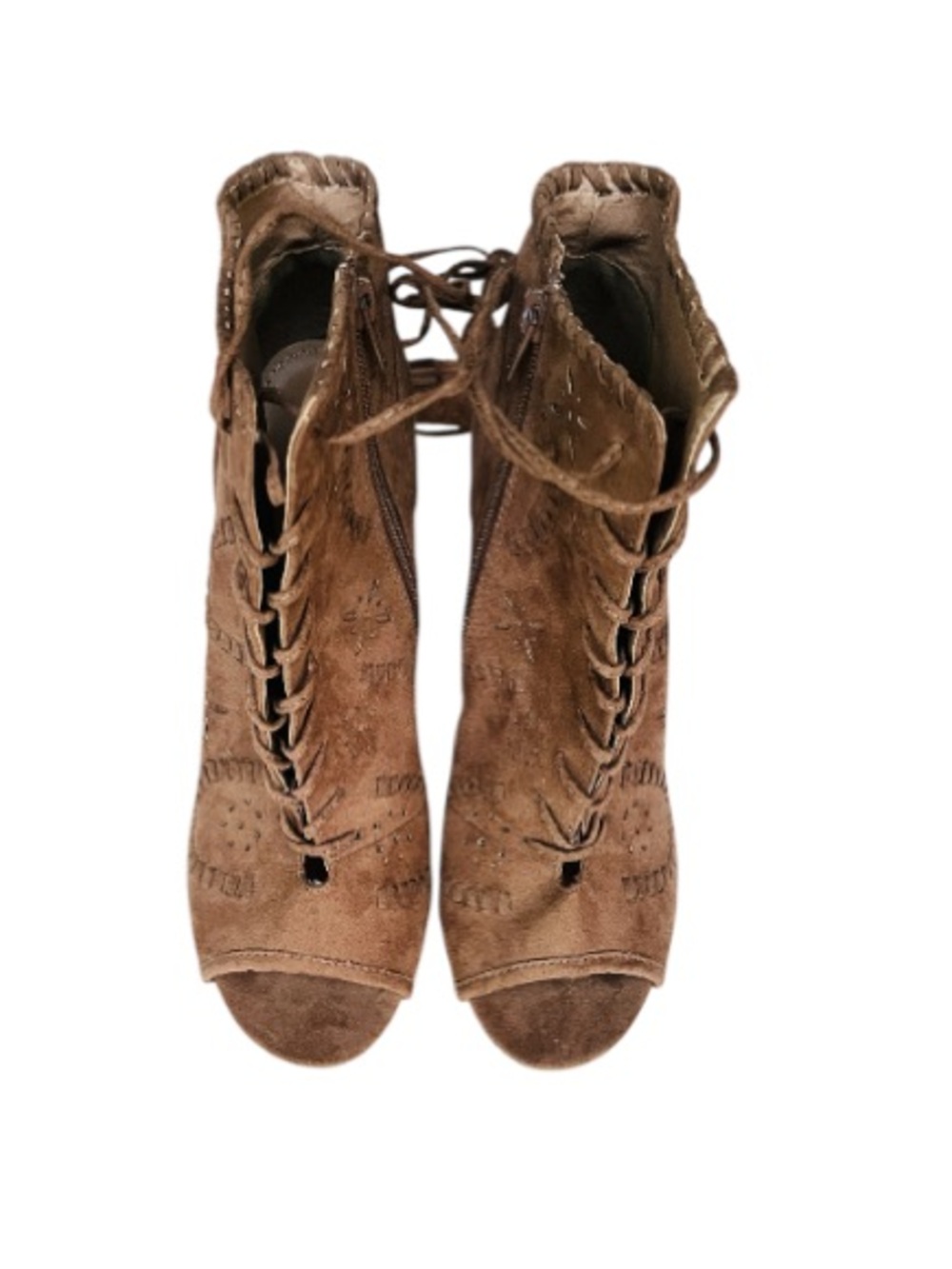 JustFab EUC Taupe Lace-Up Peep-Toe Heeled Booties - Picture 7 of 14